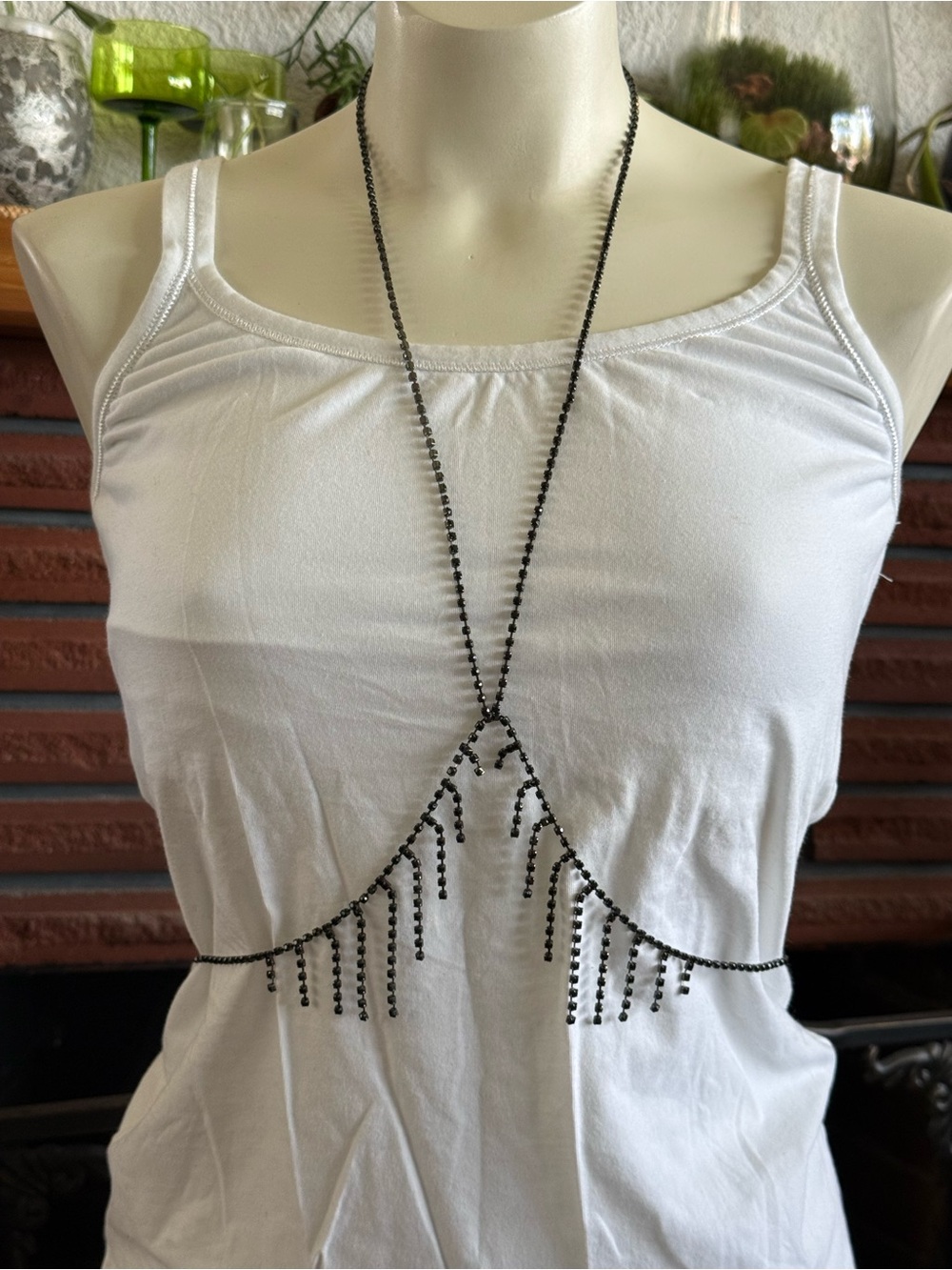Delicate Black Beaded Body Chain over White Tank